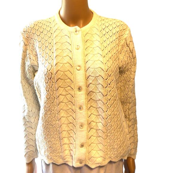 Vintage80s Kate Collins Women M/L Knit Sweater Cardigan Ivory Grannycore Cottage - Picture 1 of 7